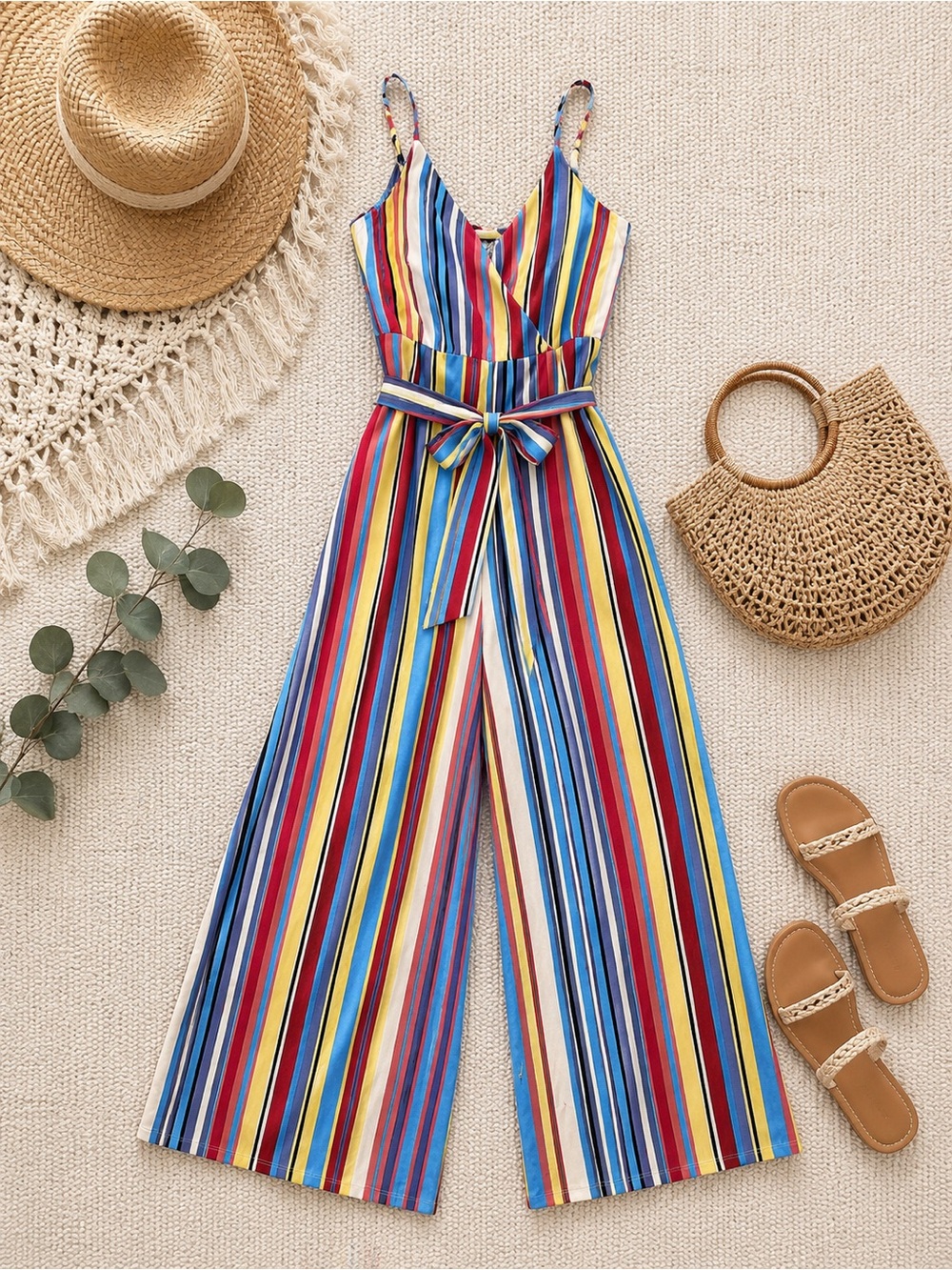 Bright Multi-Stripe Sleeveless Wide-Leg Jumpsuit with Tie Waist